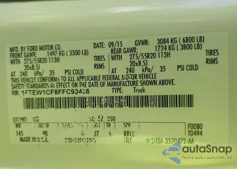 2015 Ford F-150 Platinum из США, поврежденный, VIN 1FTEW1CF8FFC93436